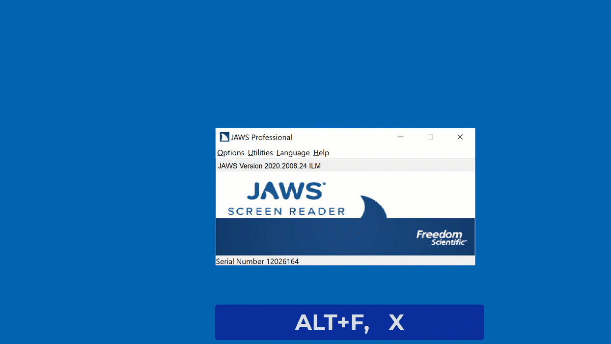 Animated image showing how to exit JAWS using the Options menu or INSERT+F4 and how to turn off the prompt to close JAWS. 